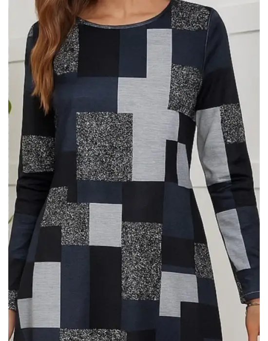 Kadın Uzun Kollu Yuvarlak Yaka Geometrik Süprem Elbise