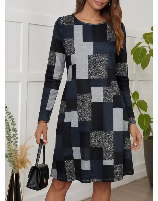 Kadın Uzun Kollu Yuvarlak Yaka Geometrik Süprem Elbise