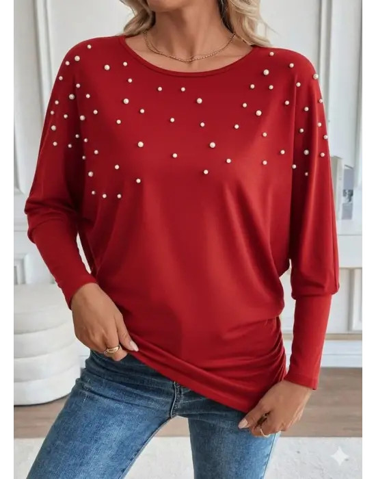 Kadın Uzun Kollu Yuvarlak Yaka Incili Viskon Bluz