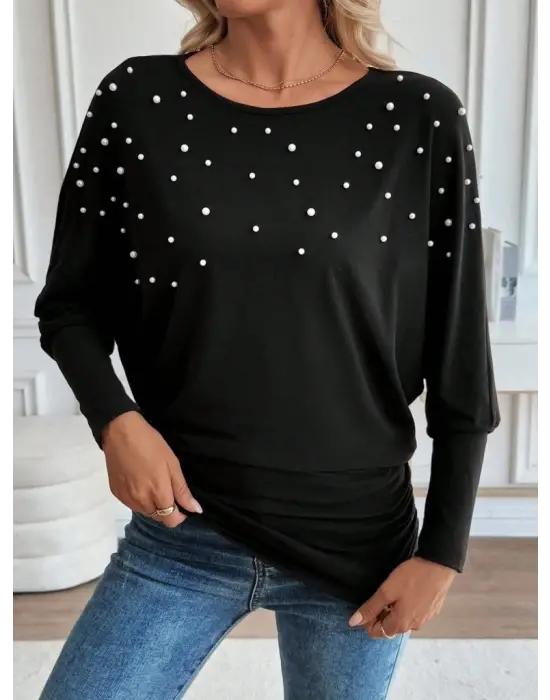 Kadın Uzun Kollu Yuvarlak Yaka Incili Viskon Bluz