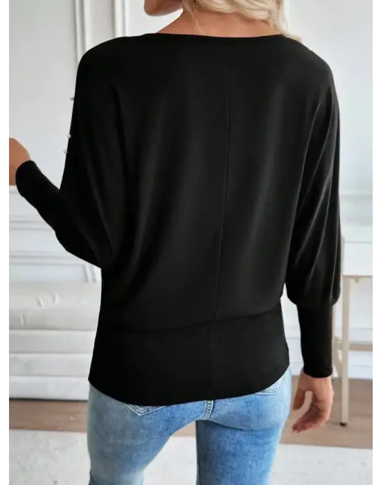 Kadın Uzun Kollu Yuvarlak Yaka Incili Viskon Bluz