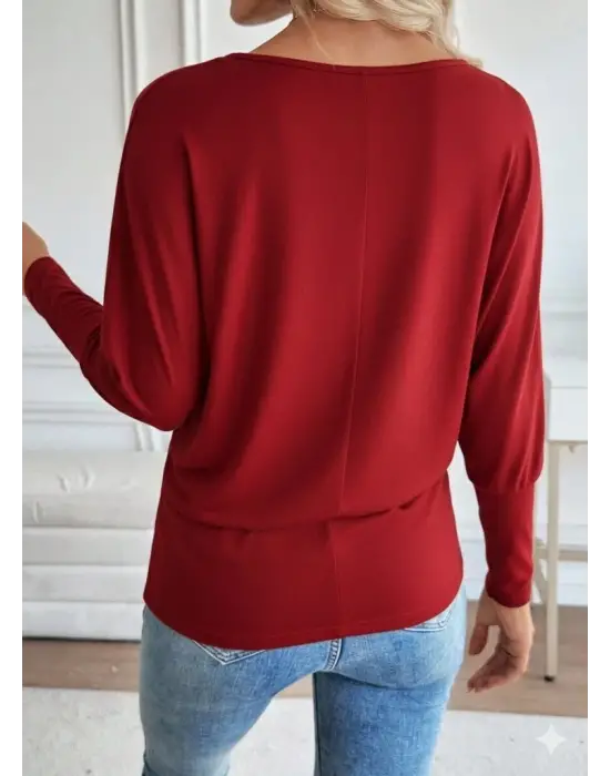 Kadın Uzun Kollu Yuvarlak Yaka Incili Viskon Bluz