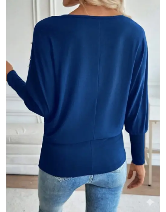 Kadın Uzun Kollu Yuvarlak Yaka Incili Viskon Bluz