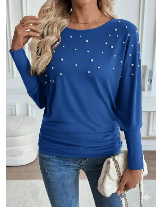 Kadın Uzun Kollu Yuvarlak Yaka Incili Viskon Bluz