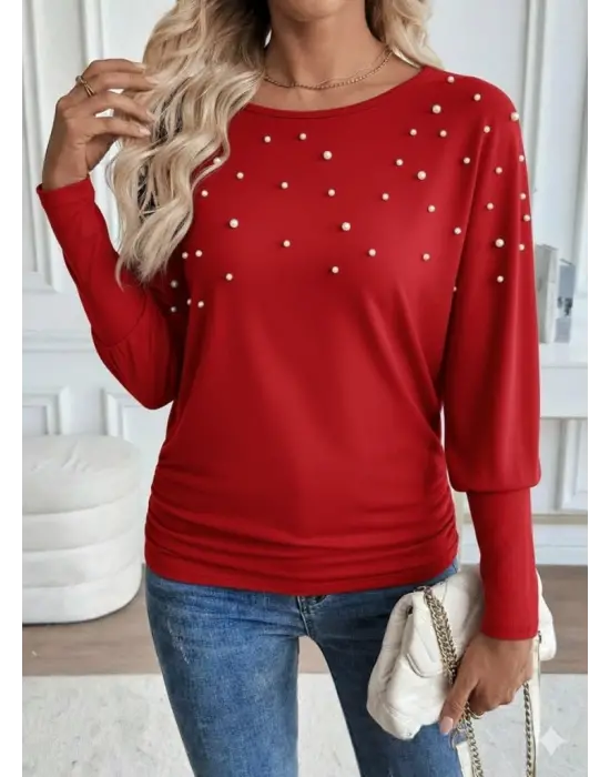 Kadın Uzun Kollu Yuvarlak Yaka Incili Viskon Bluz