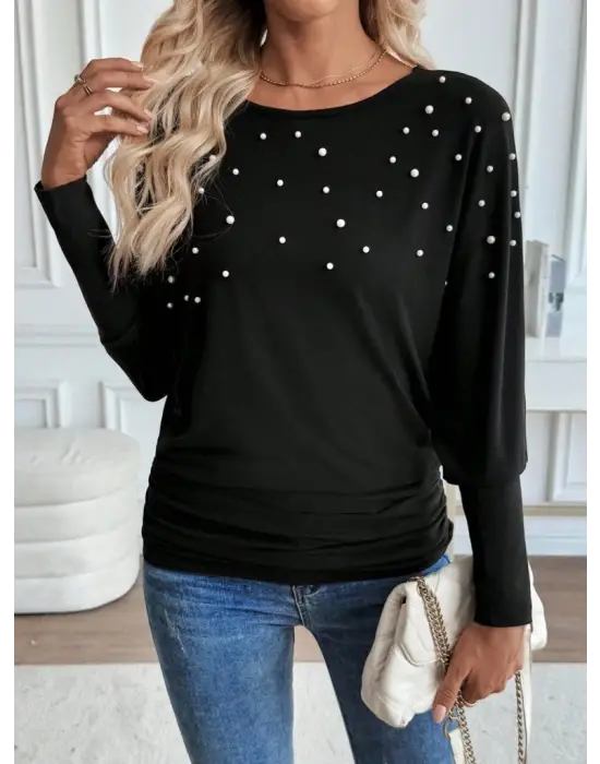 Kadın Uzun Kollu Yuvarlak Yaka Incili Viskon Bluz