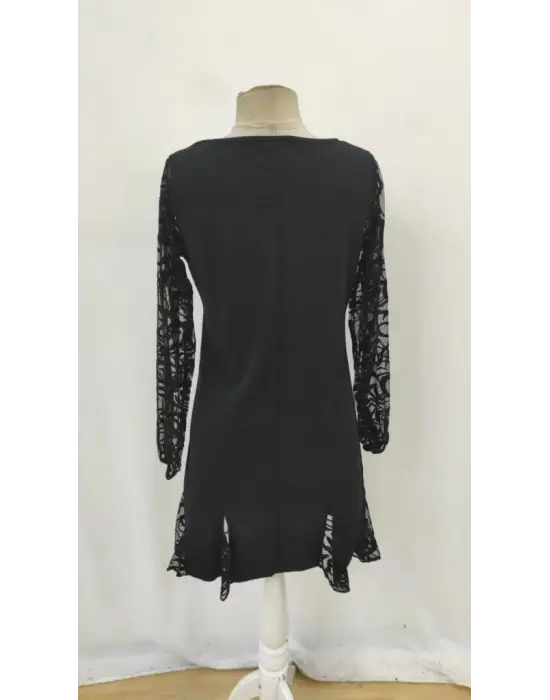 Kadın Uzun Kollu Yuvarlak Yaka Kol Ve Etek Ucu Dantelli Kısa Ithal Krep Elbise