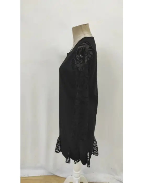 Kadın Uzun Kollu Yuvarlak Yaka Kol Ve Etek Ucu Dantelli Kısa Ithal Krep Elbise