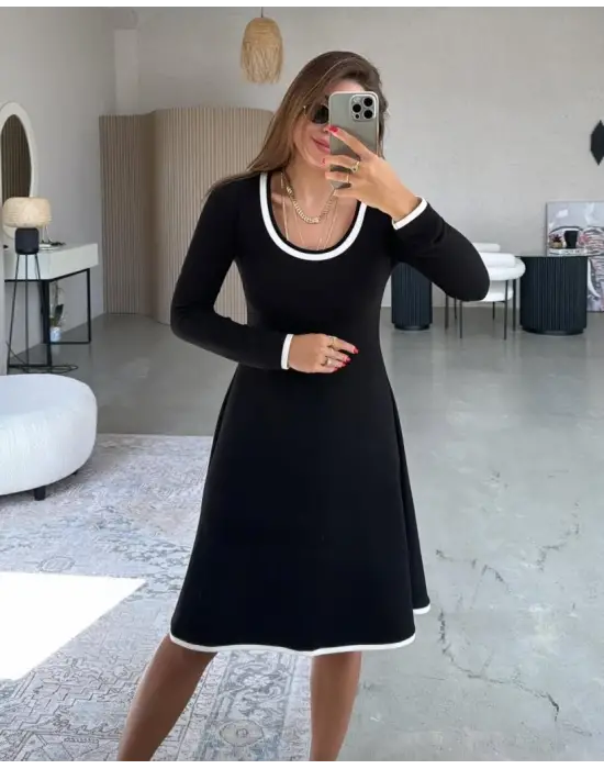 Kadın Uzun Kollu Yuvarlak Yaka Midi Viskon Iki Iplik Elbise