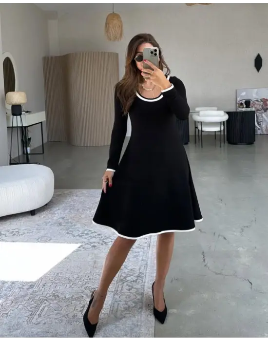 Kadın Uzun Kollu Yuvarlak Yaka Midi Viskon Iki Iplik Elbise