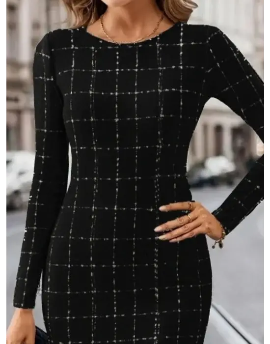 Kadın Uzun Kollu Yuvarlak Yaka Mini Dokuma Elbise
