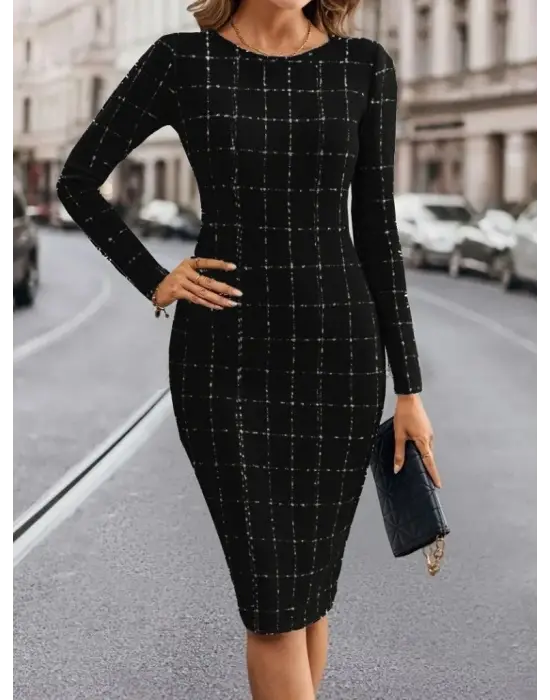 Kadın Uzun Kollu Yuvarlak Yaka Mini Dokuma Elbise