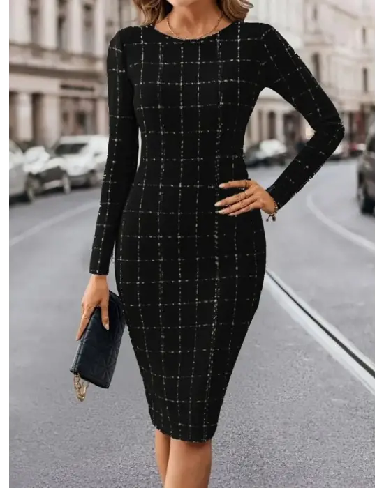 Kadın Uzun Kollu Yuvarlak Yaka Mini Dokuma Elbise