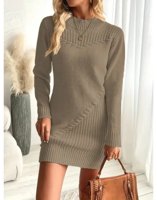 Kadın Uzun Kollu Yuvarlak Yaka Mini Triko Elbise