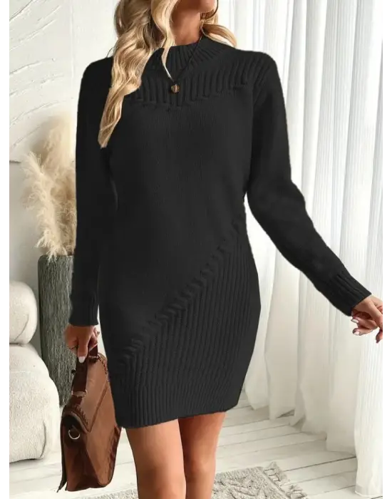 Kadın Uzun Kollu Yuvarlak Yaka Mini Triko Elbise