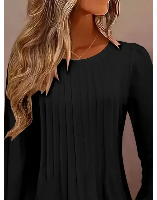 Kadın Uzun Kollu Yuvarlak Yaka Nervürlü Bluz