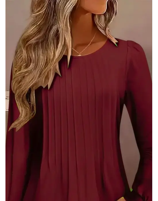 Kadın Uzun Kollu Yuvarlak Yaka Nervürlü Bluz