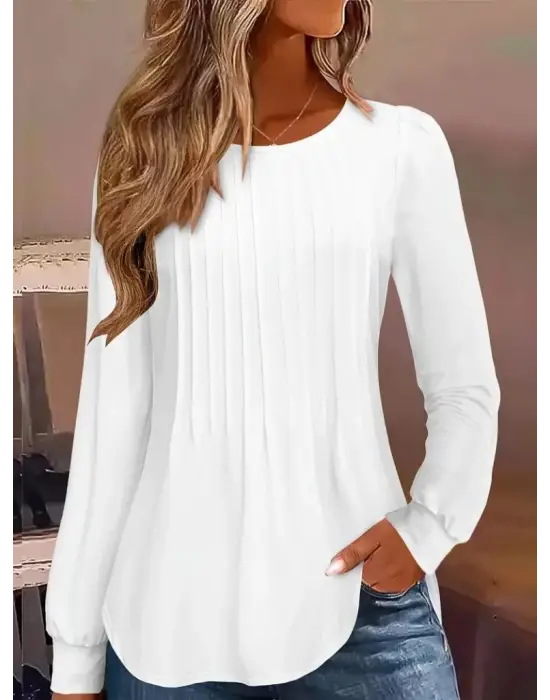 Kadın Uzun Kollu Yuvarlak Yaka Nervürlü Bluz