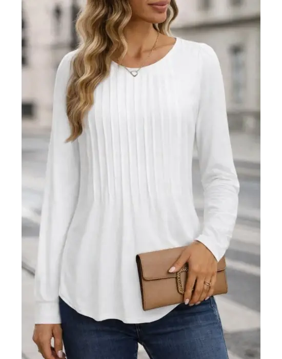 Şık Yuvarlak Yaka Nervürlü Bluz