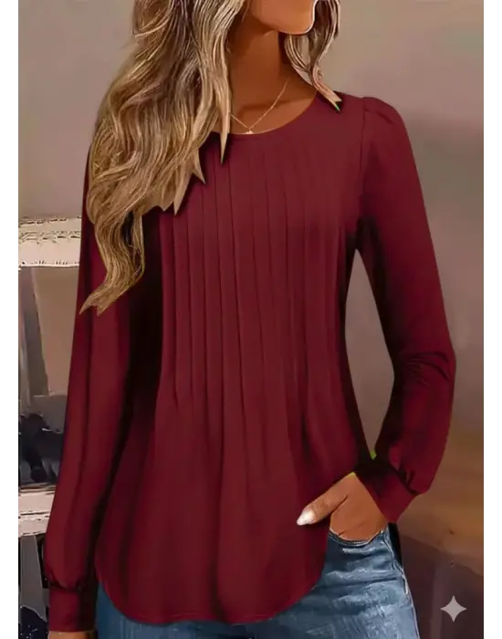 Kadın Uzun Kollu Yuvarlak Yaka Nervürlü Bluz