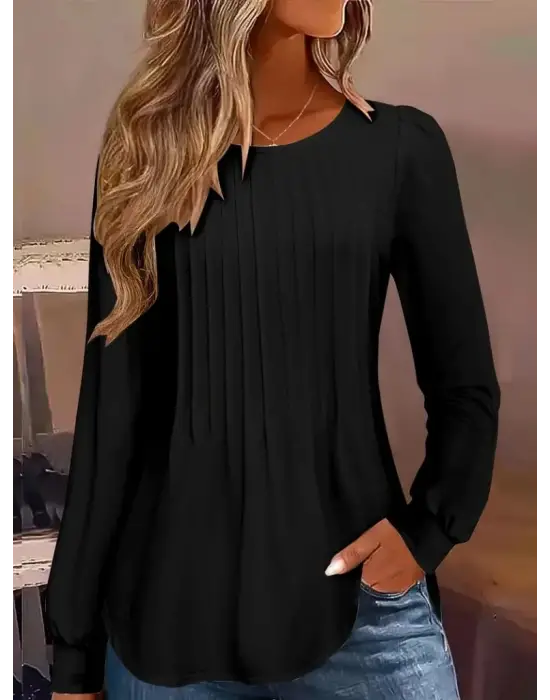 Kadın Uzun Kollu Yuvarlak Yaka Nervürlü Bluz
