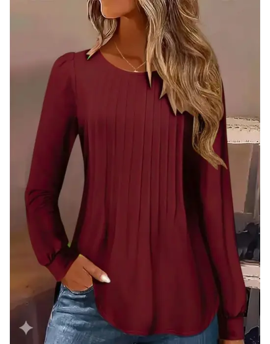 Kadın Uzun Kollu Yuvarlak Yaka Nervürlü Bluz