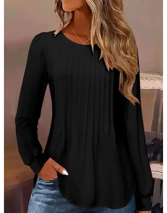 Kadın Uzun Kollu Yuvarlak Yaka Nervürlü Bluz