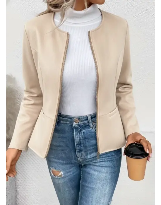 Kadın Uzun Kollu Yuvarlak Yaka önden Fermuarlı Süet Ceket