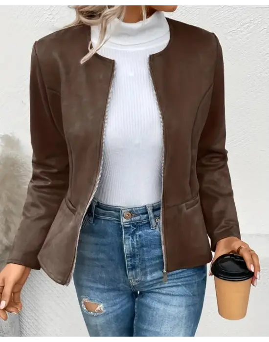 Kadın Uzun Kollu Yuvarlak Yaka önden Fermuarlı Süet Ceket