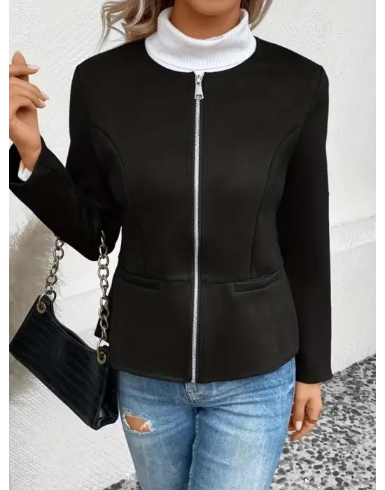 Kadın Uzun Kollu Yuvarlak Yaka önden Fermuarlı Süet Ceket