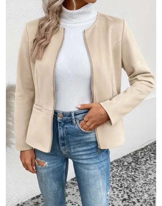 Kadın Uzun Kollu Yuvarlak Yaka önden Fermuarlı Süet Ceket