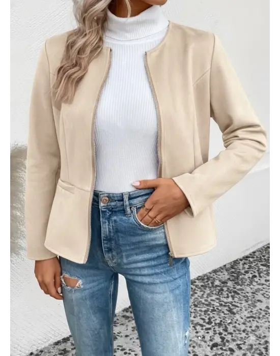 Kadın Uzun Kollu Yuvarlak Yaka önden Fermuarlı Süet Ceket