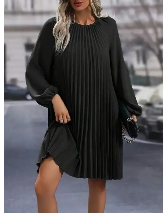 Kadın Uzun Kollu Yuvarlak Yaka Pileli Salaş Mini Ithal Krep Elbise