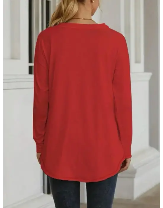 Kadın Uzun Kollu Yuvarlak Yaka Salaş Iki Iplik Bluz