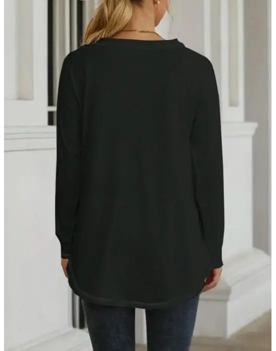 Kadın Uzun Kollu Yuvarlak Yaka Salaş Iki Iplik Bluz