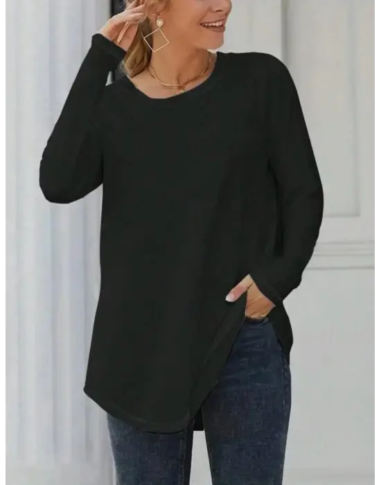 Kadın Uzun Kollu Yuvarlak Yaka Salaş Iki Iplik Bluz