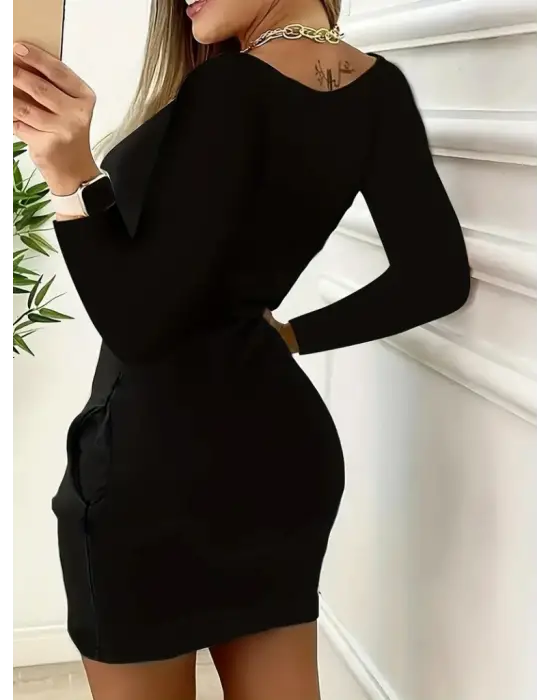 Kadın Uzun Kollu Yuvarlak Yaka Taşlı Kalp Desenli Viskon Iki Iplik Elbise