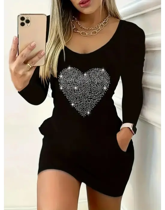Kadın Uzun Kollu Yuvarlak Yaka Taşlı Kalp Desenli Viskon Iki Iplik Elbise