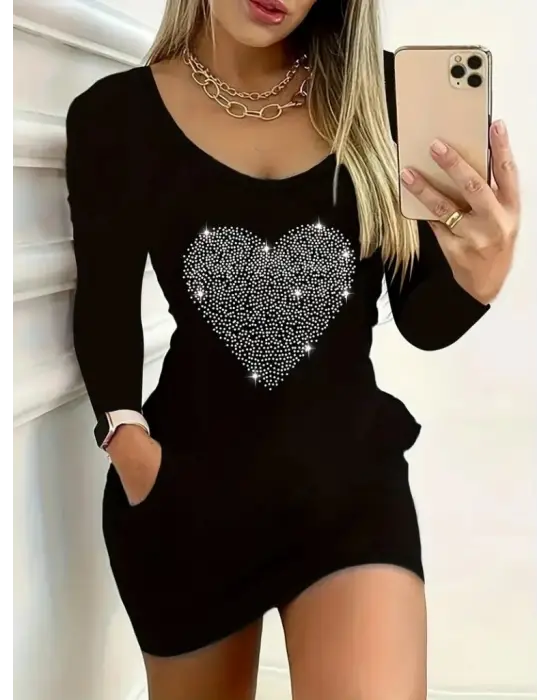 Kadın Uzun Kollu Yuvarlak Yaka Taşlı Kalp Desenli Viskon Iki Iplik Elbise