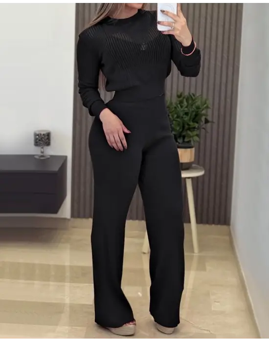 Kadın Uzun Kollu Yuvarlak Yaka Transparan Detaylı Triko Bluz Ve Pantolon Ikili Takım