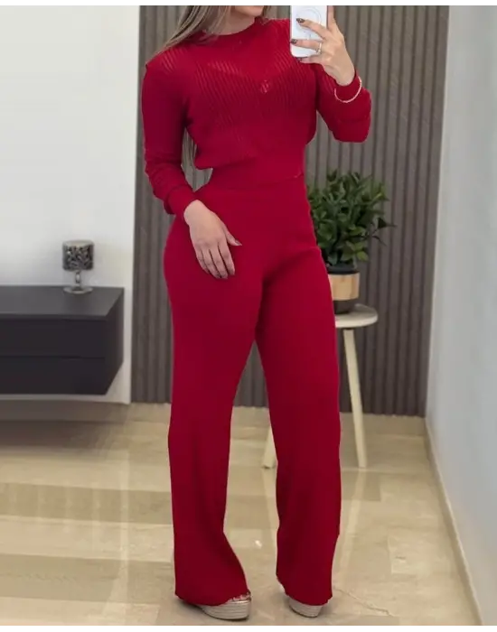 Kadın Uzun Kollu Yuvarlak Yaka Transparan Detaylı Triko Bluz Ve Pantolon Ikili Takım