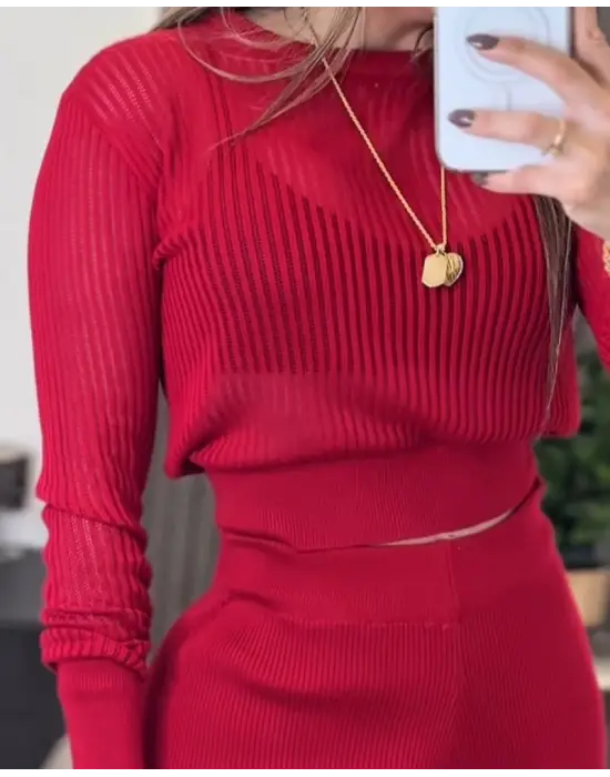 Kadın Uzun Kollu Yuvarlak Yaka Transparan Detaylı Triko Bluz Ve Pantolon Ikili Takım