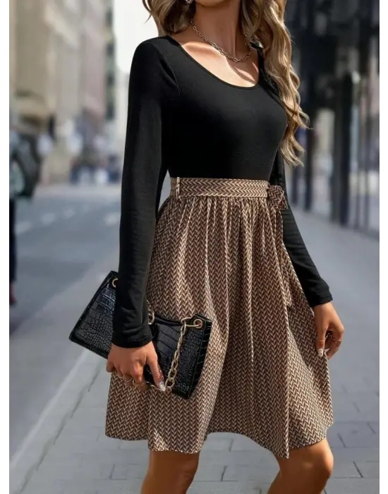 Kadın Uzun Kollu Yuvarlak Yaka üst Viskon Alt Süprem Midi Elbise