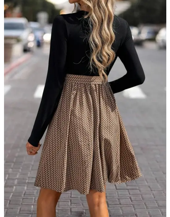 Kadın Uzun Kollu Yuvarlak Yaka üst Viskon Alt Süprem Midi Elbise