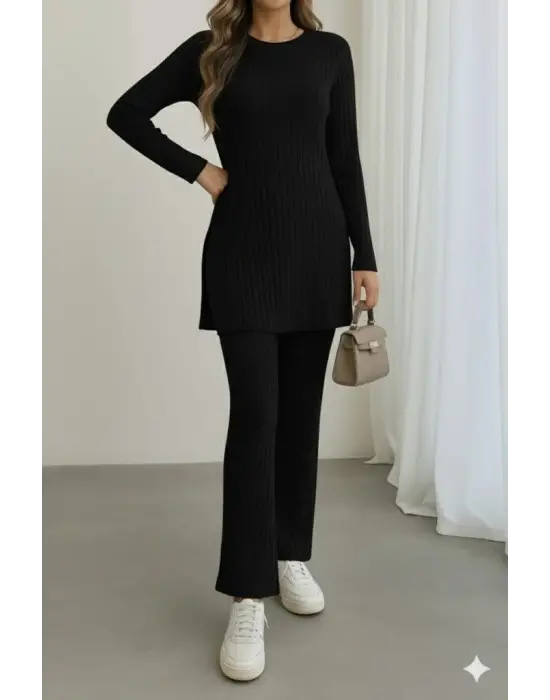 Kadın Uzun Kollu Yuvarlak Yaka Yandan Yırtmaç Detaylı şardonlu Kaşkorse Bluz Ve Pantolon Ikili Takım