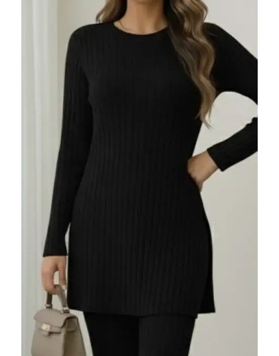 Kadın Uzun Kollu Yuvarlak Yaka Yandan Yırtmaç Detaylı şardonlu Kaşkorse Bluz Ve Pantolon Ikili Takım