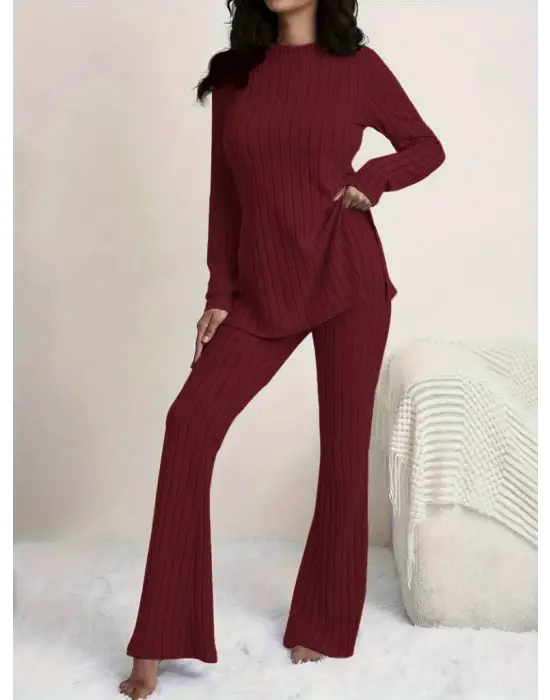 Kadın Uzun Kollu Yuvarlak Yaka Yandan Yırtmaç Detaylı şardonlu Kaşkorse Bluz Ve Pantolon Ikili Takım