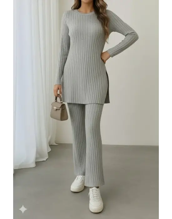 Kadın Uzun Kollu Yuvarlak Yaka Yandan Yırtmaç Detaylı şardonlu Kaşkorse Bluz Ve Pantolon Ikili Takım