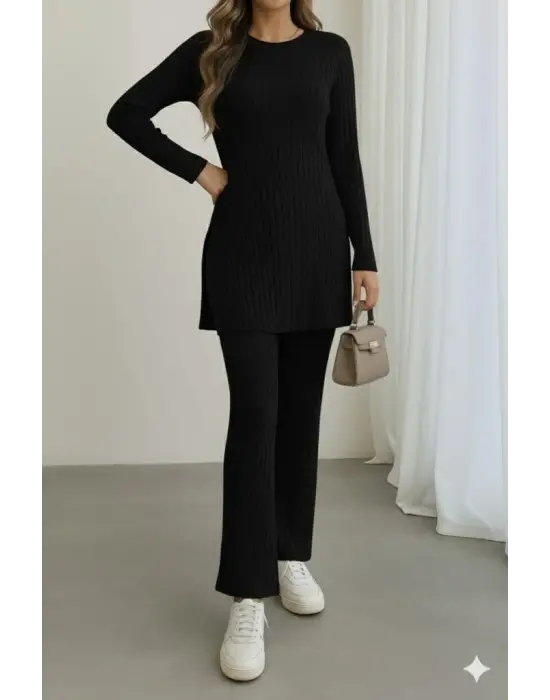 Kadın Uzun Kollu Yuvarlak Yaka Yandan Yırtmaç Detaylı şardonlu Kaşkorse Bluz Ve Pantolon Ikili Takım