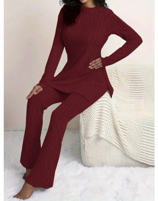 Kadın Uzun Kollu Yuvarlak Yaka Yandan Yırtmaç Detaylı şardonlu Kaşkorse Bluz Ve Pantolon Ikili Takım